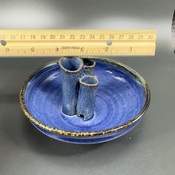 Hand Made Pottery Flower Frog Dish Container Vase Artist Signed Blue Glazed VTG - Picture 2 of 12